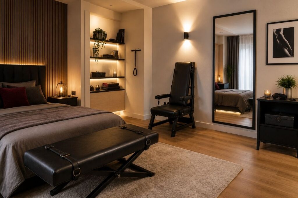 Playroom BDSM moderne aménagée dans une chambre avec banc BDSM, chaise de domination et ambiance élégante et intimiste