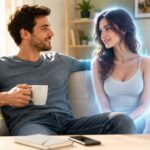 Homme avec sa girlfriend IA virtuelle