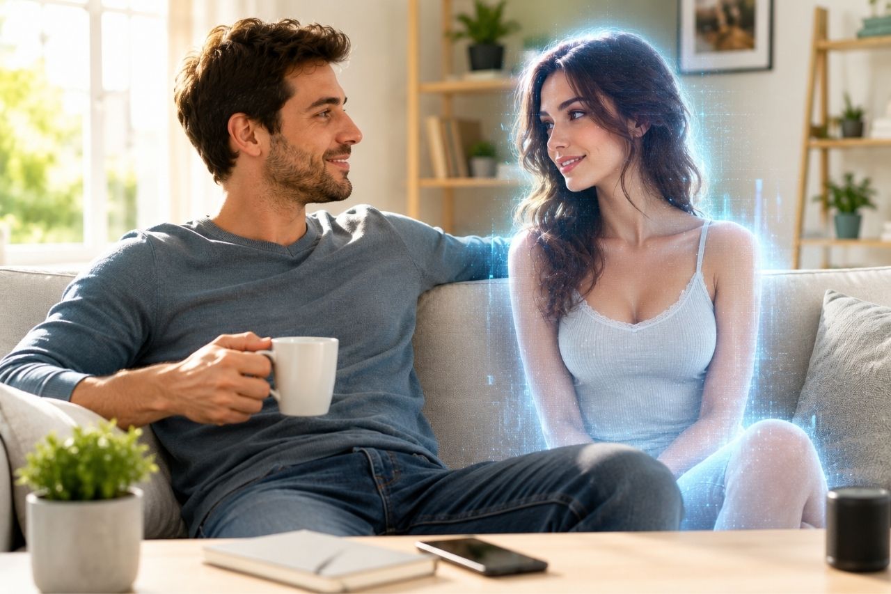 Homme avec sa girlfriend IA virtuelle