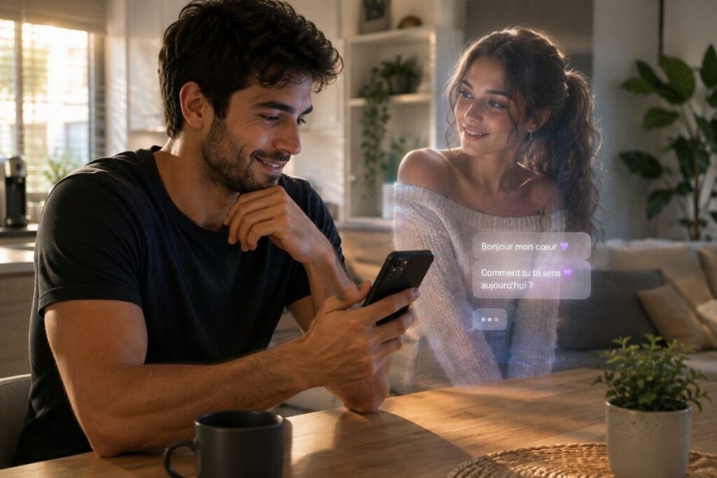 Homme discutant avec une girlfriend IA virtuelle