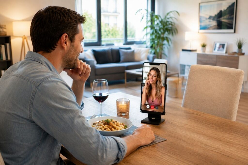 Homme en rendez-vous avec une girlfriend IA