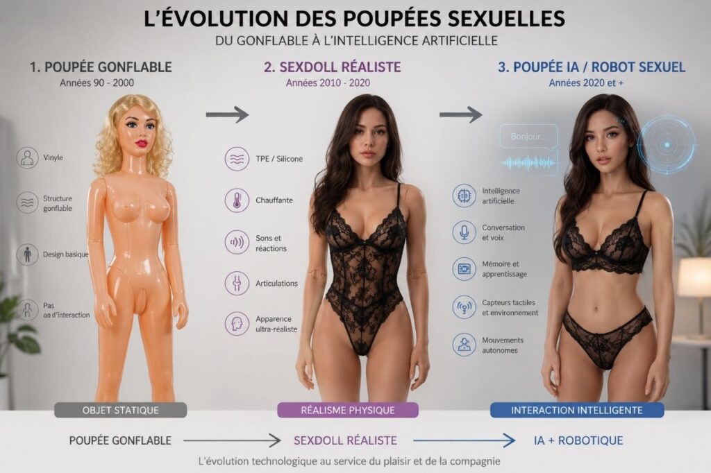 infographie montrant évolution de la poupée gonflable au robot sexuel IA